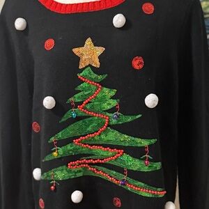 Holiday Time Festive Black Sweater with Green Tree